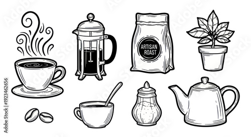 Hand-drawn coffee set with hot cup, French press, beans, and plant.