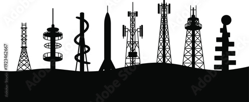 Communication towers silhouette, broadcasting infrastructure vector, satellite dish illustration, observation tower sketch, rocket launch design, antenna structures art, telecommunication technology