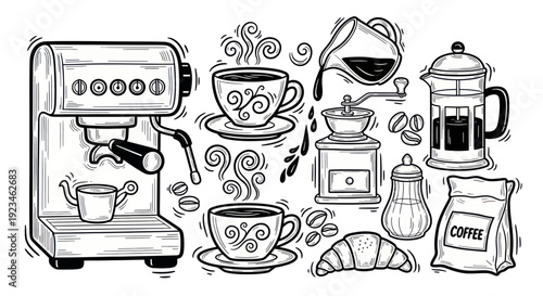 Hand-drawn coffee shop elements with espresso machine and cups.