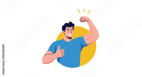 Strong athletic man with dark hair flexes his biceps while smiling and giving a thumbs up gesture against a bright yellow circular background shape.