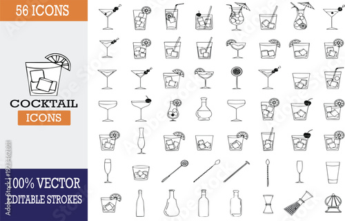 Cocktail icons set with 56 black and white line art illustrations of various drinks, glasses, bottles, and bar tools for mixology and beverage design