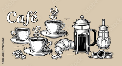 Hand-drawn sketch of coffee cups, French press, croissant, and coffee beans.