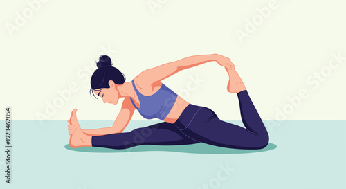 Flexible woman in a blue sports bra and dark leggings practices the pigeon yoga pose on a light green floor to improve her physical health.