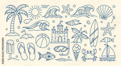 Hand-drawn Summer Beach Vacation Elements Collection.