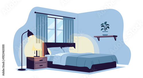 Cozy bedroom interior with a large bed, blue curtains, a bedside lamp glowing on a nightstand, and a small potted plant on a shelf in a flat style.