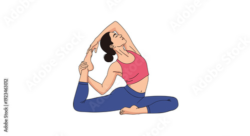 Athletic woman in a pink top and blue leggings performs an advanced yoga stretch on the floor to demonstrate flexibility and mindfulness in fitness.