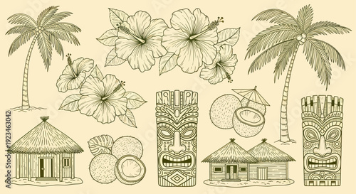 Hand-drawn tropical elements set with palm trees, hibiscus flowers, tiki masks, and huts.
