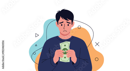 Worried man with a sad expression holds a single green dollar bill with both hands, representing financial difficulty, poverty, or budget concerns.