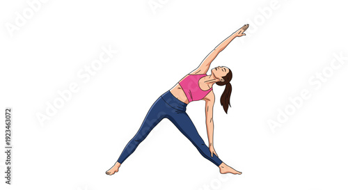 Professional yoga instructor performs the triangle pose to stretch her body while wearing a pink tank top and dark blue leggings on a white backdrop.