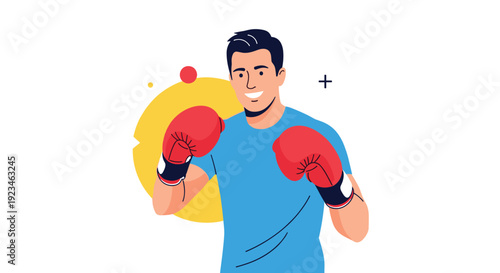 Happy young man wearing blue t-shirt and red boxing gloves stands ready for training, representing fitness, sport, and active lifestyle goals.