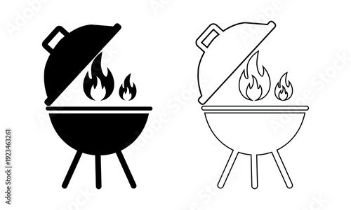 Black and white illustration of two barbecue grills with flames