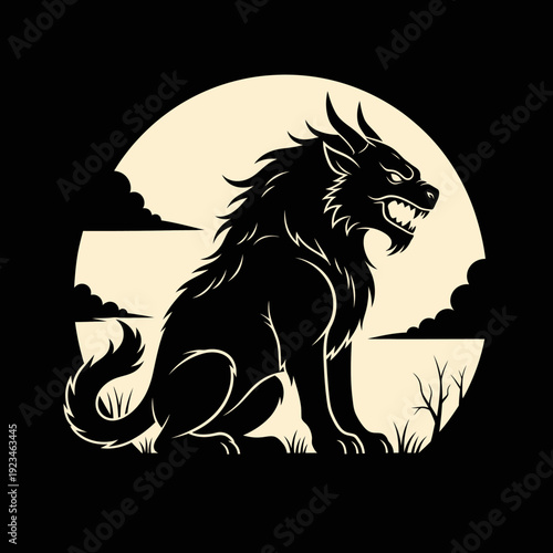 Black wolf sitting in front moon.