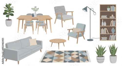 Modern living room furniture arrangement with sofa, chairs, table, rug, and plants.