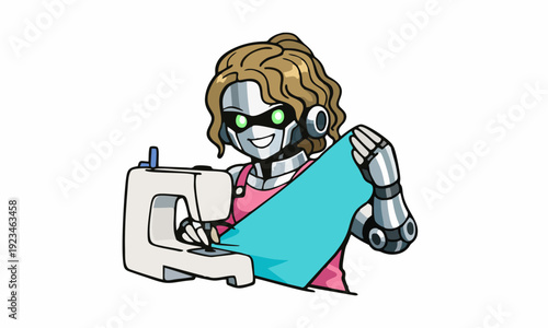 Futuristic robot sewing with precision cartoon illustration