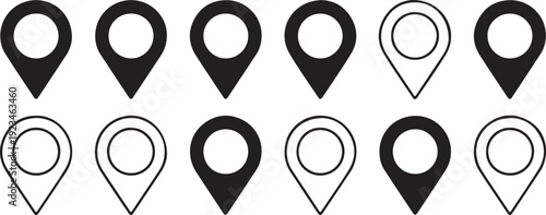 Collection of map pin icons in black and white