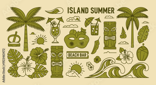 Island Summer Tropical Elements Collection with Palm Trees and Tiki Masks.