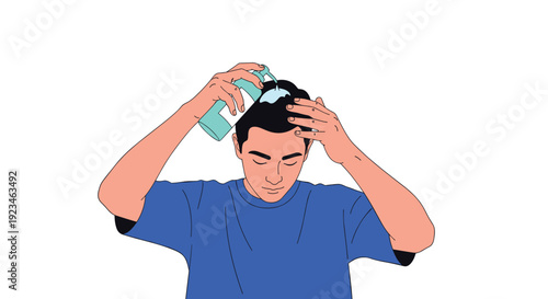 Young man in a blue t-shirt applies liquid soap or shampoo to his dark hair from a green bottle as part of his daily personal grooming routine.