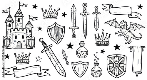 Medieval Fantasy Castle Dragon Swords Shields Crowns and Banners Collection.