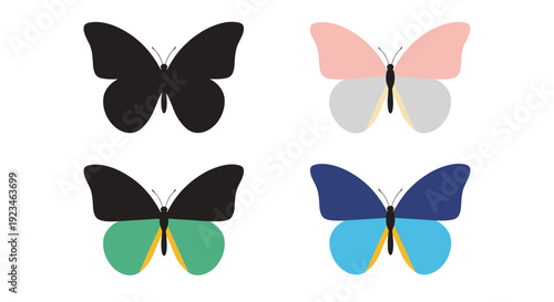 Set of four stylized butterfly silhouettes in various color combinations including solid black, pink, green, and blue.