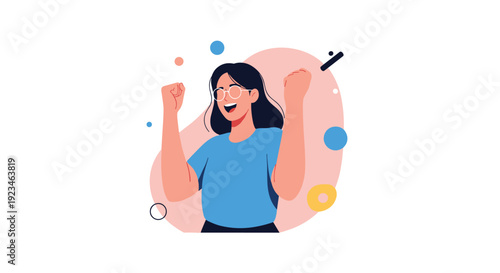 Excited woman with dark hair and glasses celebrating a victory with her fists raised in a joyful expression.