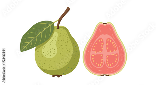 Fresh green guava fruit shown whole with a leaf and sliced in half to reveal its pink interior and seeds.