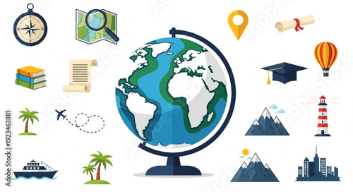 Globe illustration with travel and exploration related icons around it.