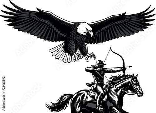 eagle, archer, horse, warrior, hunting, freedom, strength, power, courage, nature, predator, bird, illustration, silhouette, mythology,
