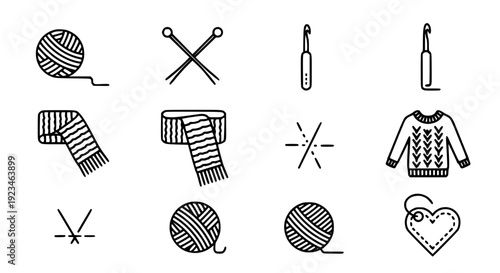 Knitting crochet handmade flat line icon set