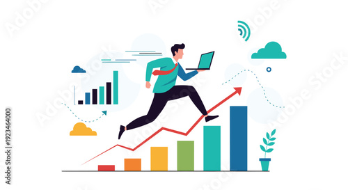 Determined businessman using a laptop while leaping over a rising bar chart to represent rapid corporate growth.