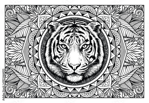 mandala design for coloring page, animal head, sticker print, cnc carving, tiger head.