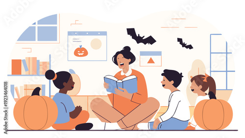 Diverse group of children listening to a female adult reading a Halloween story surrounded by festive decorations indoors.