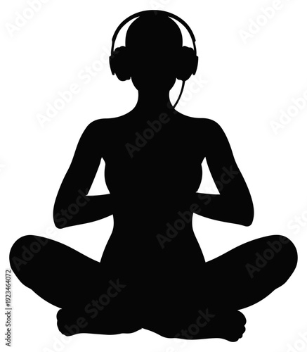 Woman in Lotus Yoga Pose Listening to Music with Headphones Silhouette Isolated on Transparent Background