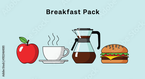 Collection of breakfast food items including an apple, coffee cup, coffee pot, and a delicious cheeseburger.