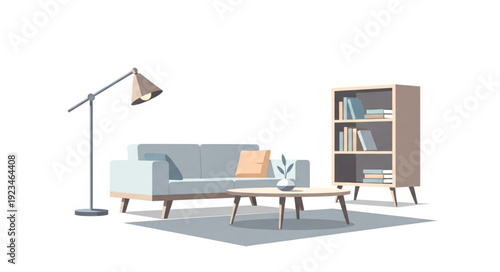 Modern Living Room Furniture Set With Sofa Bookshelf And Lamp.