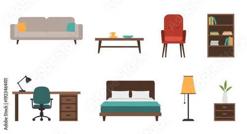 Collection of modern furniture items for home interior design.