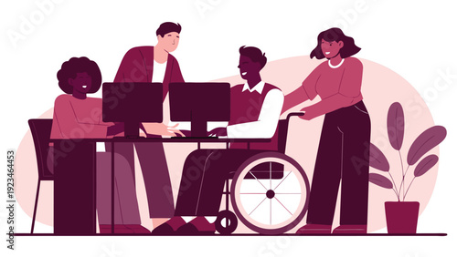Diverse business team collaborating with and supporting a male colleague in a wheelchair at an office desk.