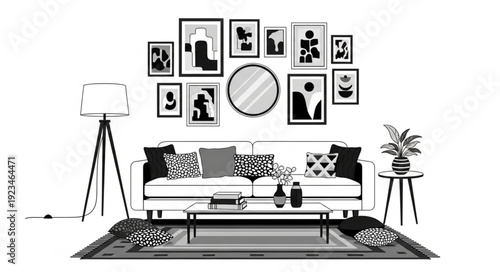 Modern Living Room Interior Design with Gallery Wall and Sofa.