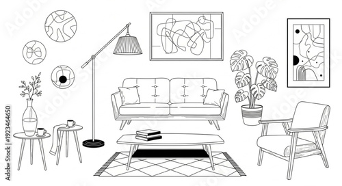 Modern living room interior sketch with furniture and decor.