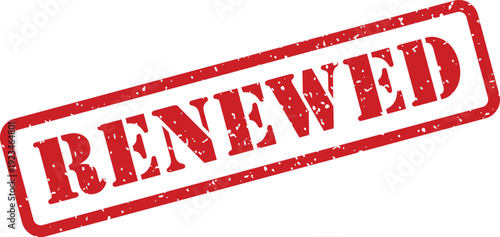 A red rubber stamp showing the word RENEWED indicating official approval and continuation on a crisp white surface