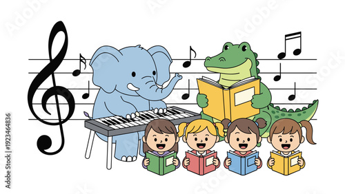 Friendly elephant playing piano with crocodile reading a book while group of children sing together with music notes in background.