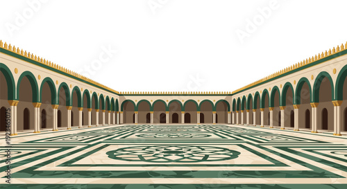 Wide Angle Islamic Courtyard Illustration with Decorative Green Arches