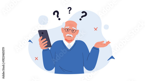 Elderly man wearing glasses looking confused and shrugging while holding modern smartphone against light blue abstract background.