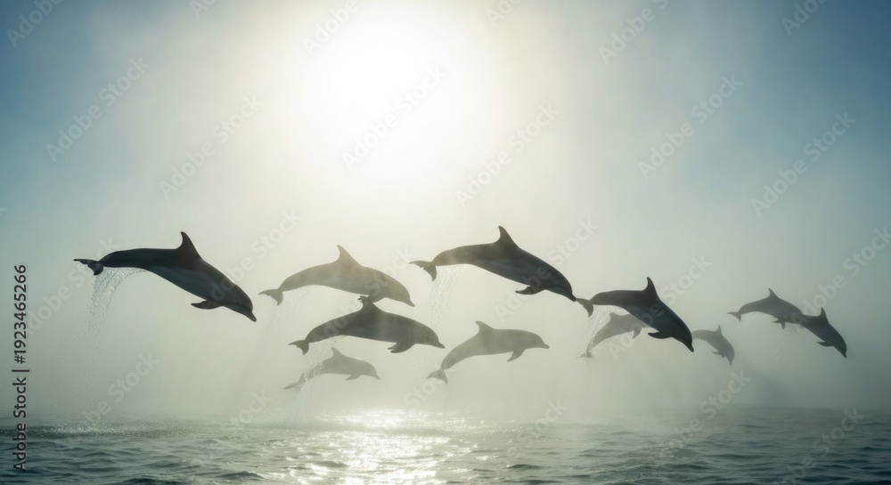 Obraz premium Dolphins leap from ocean, sun rays piercing misty atmosphere