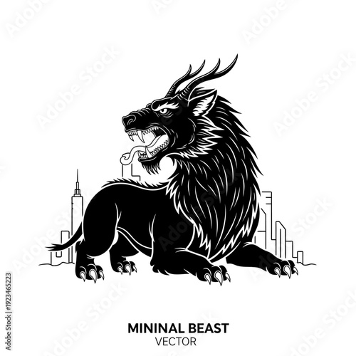 Black beast with sharp horns sitting.