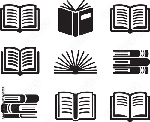 Collection of black and white book icons in various open and closed positions