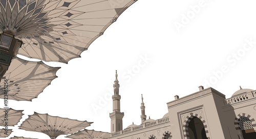 Madinah Mosque with Giant Folding Umbrellas and Minarets Background