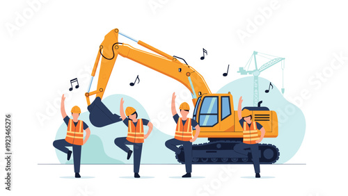 Group of construction workers in safety gear practicing yoga and stretching exercises in front of large yellow excavator at site.