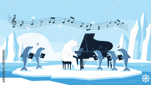 Majestic polar bear playing grand piano on an iceberg while group of dolphins sing along with musical notes in arctic scenery.