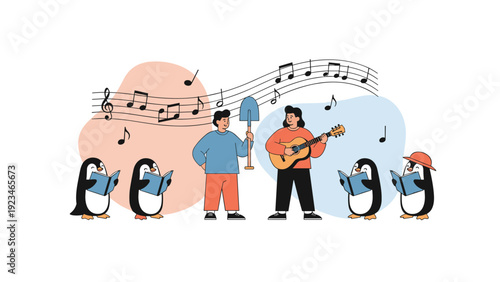 Happy people and penguins singing from books and playing acoustic guitar together with musical notes flowing in background.