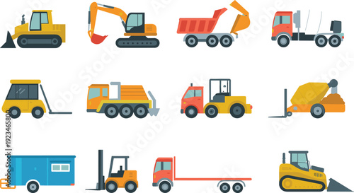 Flat construction machinery icons set with excavator, bulldozer, dump truck, forklift, concrete mixer and heavy equipment vehicles